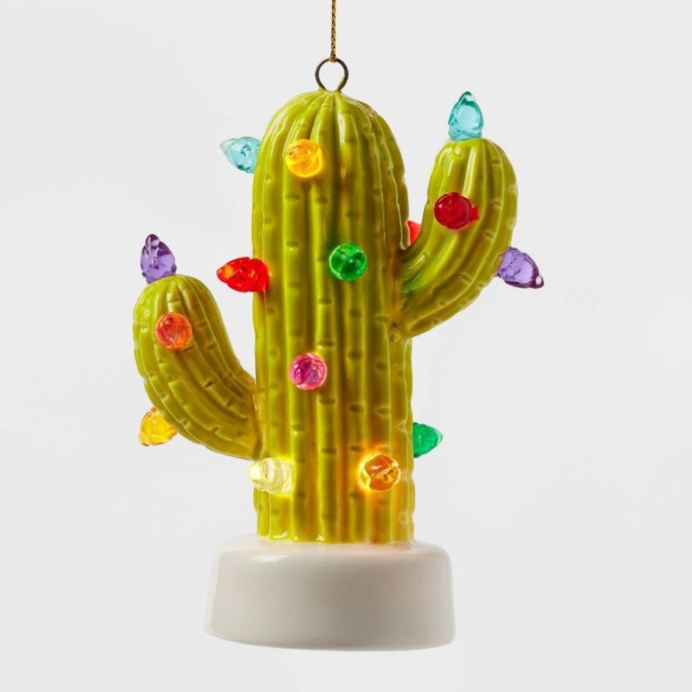 Battery Operated Lit Ceramic Cactus Christmas Tree Ornament Green nwt